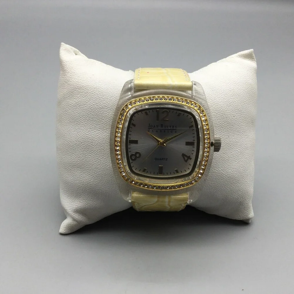 Joan Rivers Womens Watch 38mm Silver Tone Yellow Leather Crystals New Battery